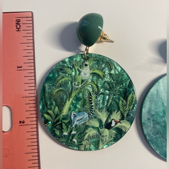 Trendy Acrylic Green Circle Tropical Print Palms Earrings - Picture 3 of 4